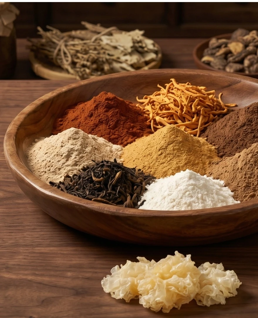 Multiple mushroom powders in separate bowls